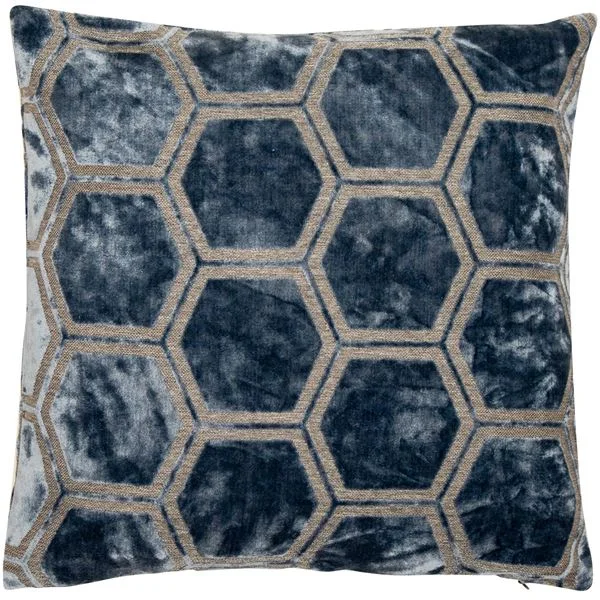 Deal Mania Hexagonal Cut Velvet Ivor Cushion | Blue | 56x56cm