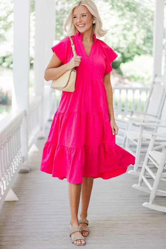 Seasonal Sale Fully Invested Fuchsia Pink Midi Dress