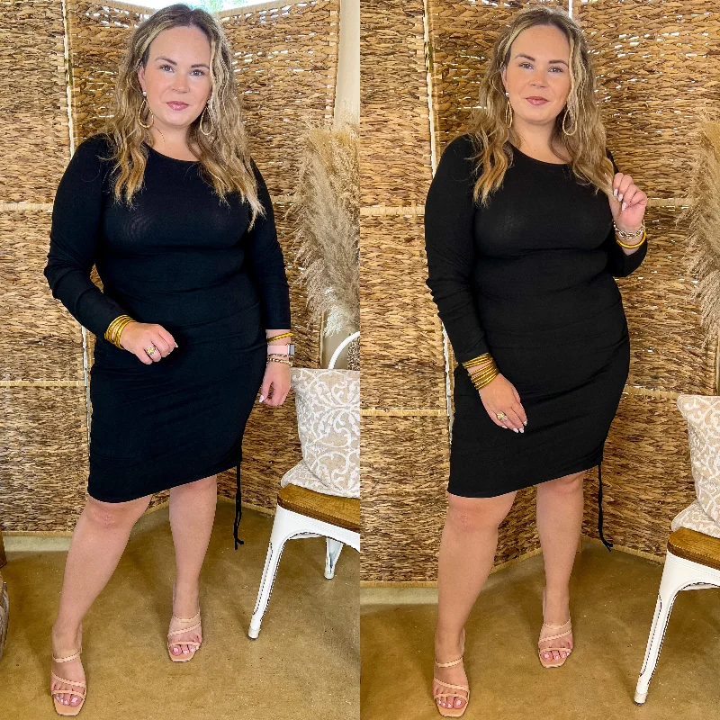 Super Deal Felt A Chill Long Sleeve Fitted Dress with Ruched Drawstring Hips in Black