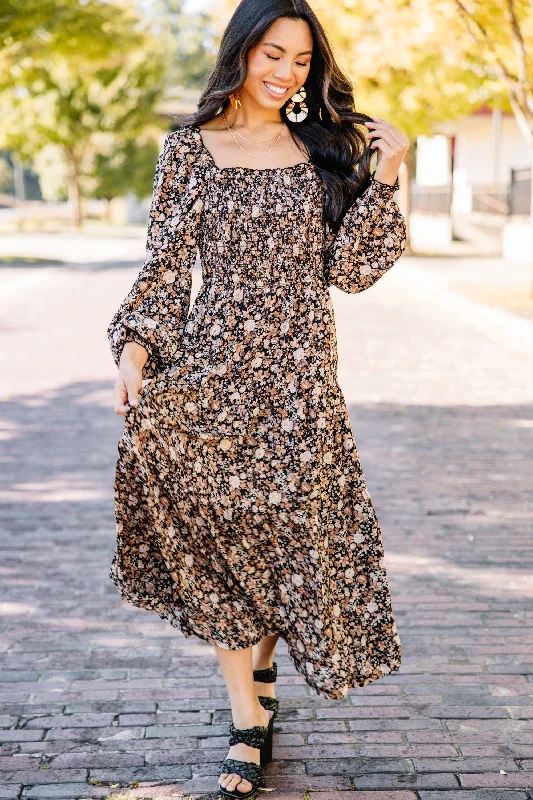 Buy Now With Your Thoughts Black Ditsy Floral Midi Dress