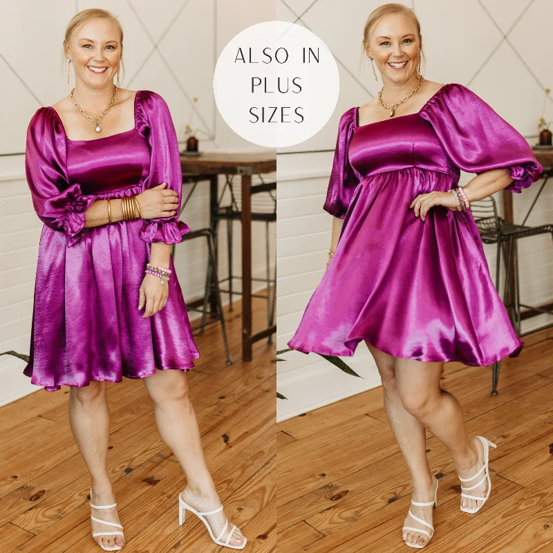 Amazing Deals Feeling Fine Satin Babydoll Dress with 3/4 Sleeves in Magenta
