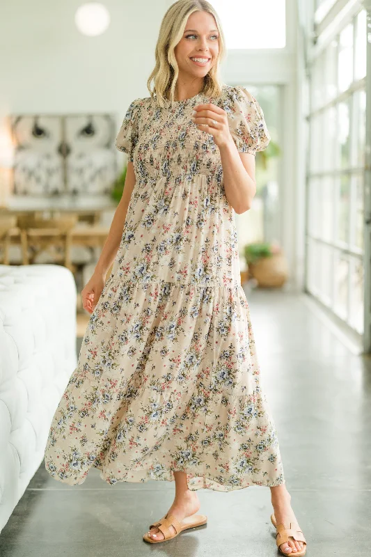 Customer Appreciation Sale What A Day Beige Brown Ditsy Floral Maxi Dress