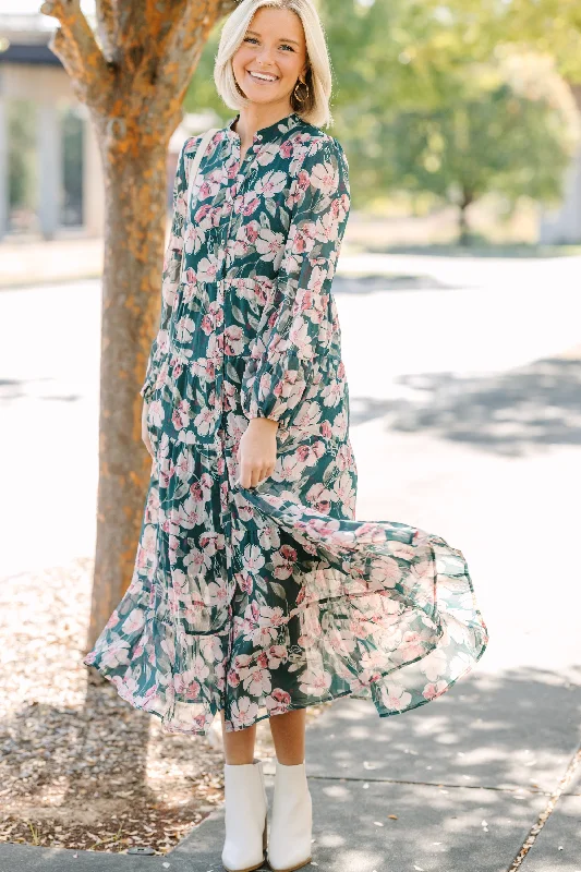 Lowest Price All I Could Want Hunter Green Floral Midi Dress
