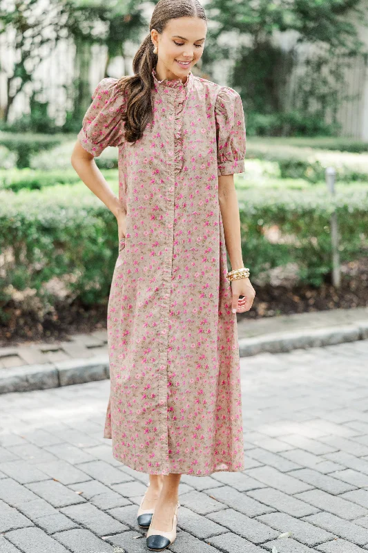 Instant Discount Living In A Fairy Tale Camel Brown Ditsy Floral Midi Dress