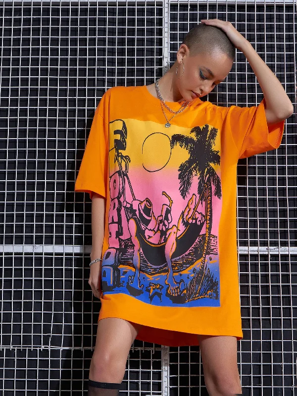 Daily Deals Women Orange FLORIDA Printed Oversized T-Shirt Dress