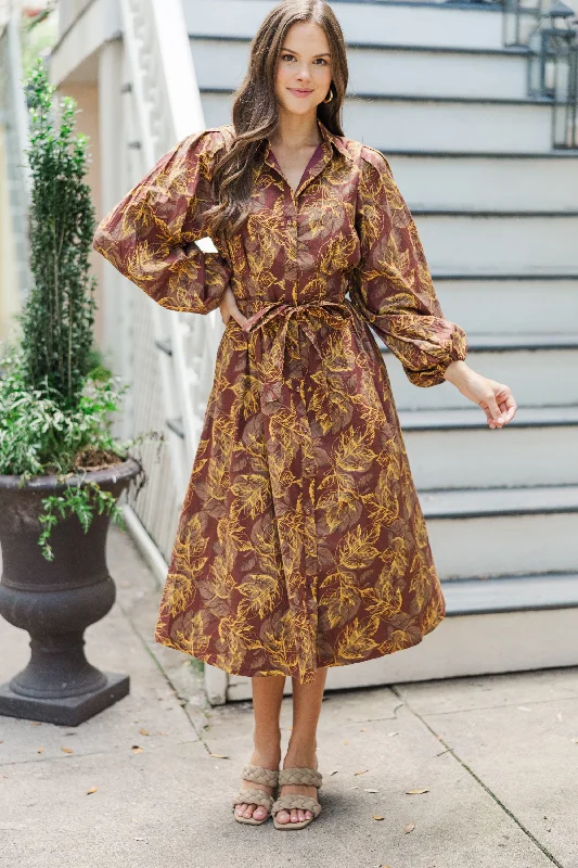 Factory Direct Sale Somewhere Out There Brown Leaf Print Midi Dress