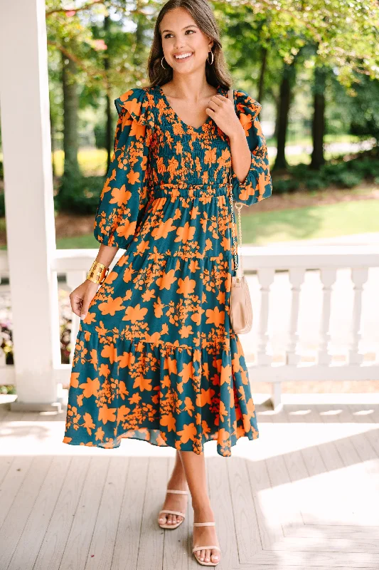 Price Drop Just For Me Teal Blue Floral Midi Dress