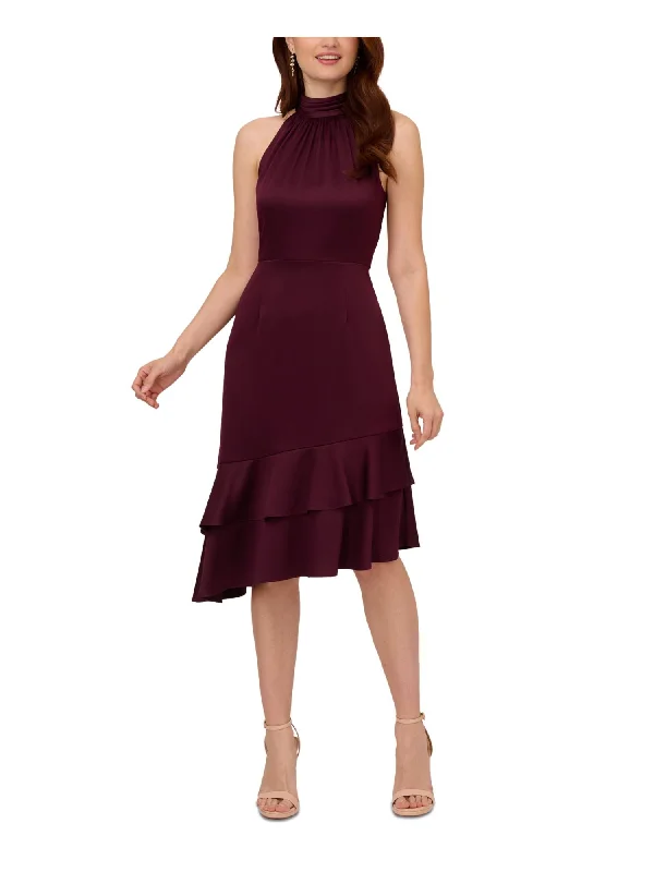 Weekend Deal ADRIANNA PAPELL Womens Purple Ruched Zippered Double Ruffled Asymmetric Hem Sleeveless Halter Below The Knee Party Fit + Flare Dress