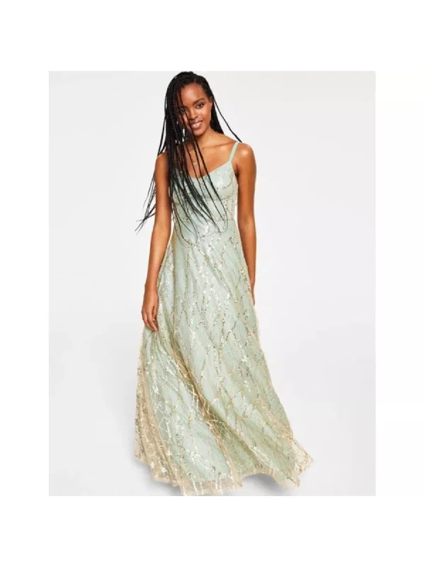 Limited Availability SAY YES TO THE PROM Womens Green Sequined Zippered Glitter Lined Mesh Padded Strap Sleeveless V Neck Full-Length Formal Gown Dress Limited Availability SAY YES TO THE PROM Womens Green Sequined Zippered Glitter Lined Mesh Padded Strap Sleeveless V Neck Full-Length Formal Gown Dress