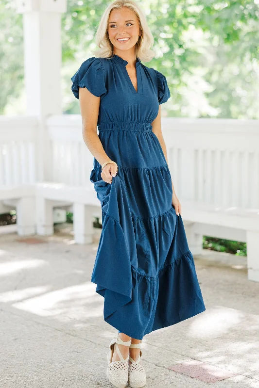 Buy Now Coming Back For You Navy Blue Tiered Midi Dress