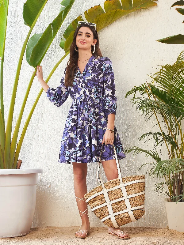 Shop and Save Women Purple Floral Shawl Collar Tiered Dress
