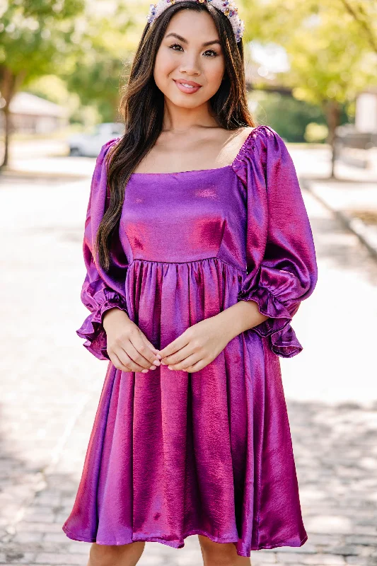 Closeout In Your Sights Sangria Purple Satin Babydoll Dress