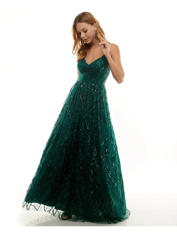 Overstock SAY YES TO THE PROM Womens Green Embellished Zippered Lace-up Back Lined Spaghetti Strap V Neck Full-Length Prom Fit + Flare Dress Overstock SAY YES TO THE PROM Womens Green Embellished Zippered Lace-up Back Lined Spaghetti Strap V Neck Full-Length Prom Fit + Flare Dress