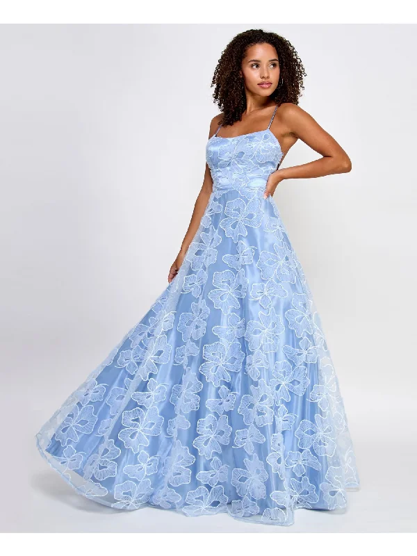 Big Discounts SAY YES TO THE PROM Womens Light Blue Sequined Zippered Lace Up Back Mesh Ruffle Accents Spaghetti Strap Scoop Neck Full-Length Prom Gown Dress