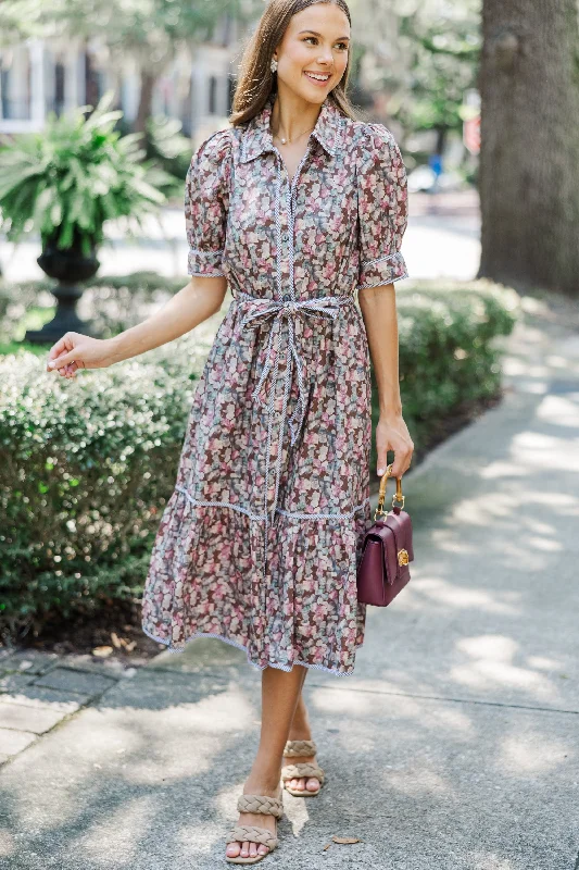 Steals and Deals Be With Me Brown Ditsy Floral Midi Dress