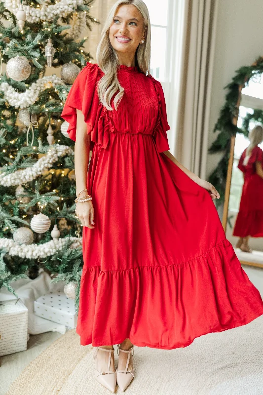 Act Now All The Good Red Ruffled Midi Dress