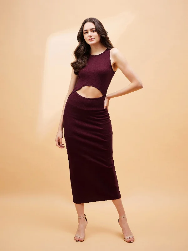 Deal Dash Women Burgundy Front Cut Out Rib Midi Dress