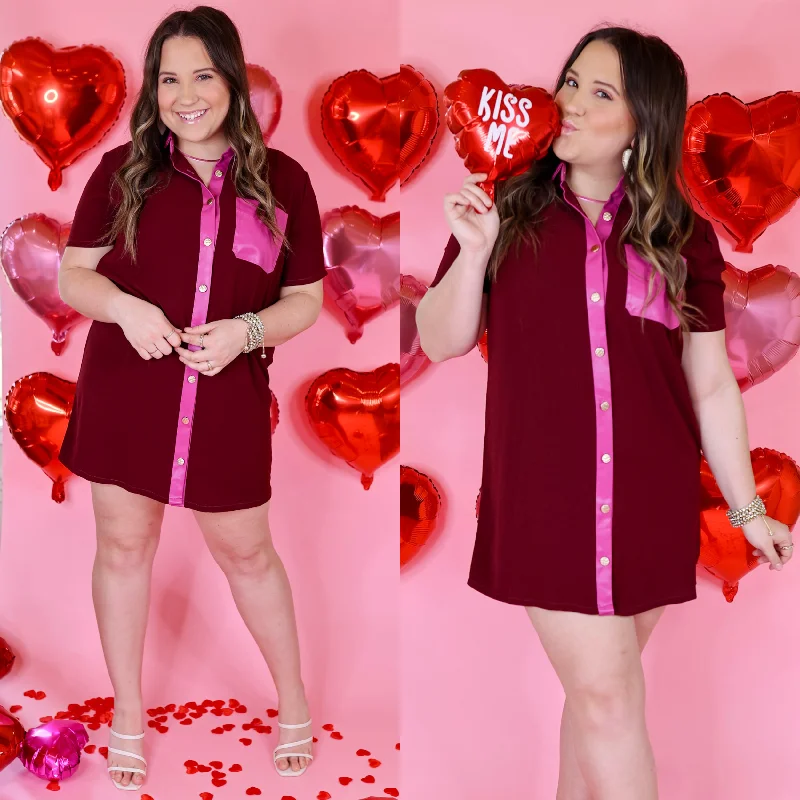 Weekend Special Put Your Records On Button Up Faux Leather Trim Dress in Maroon