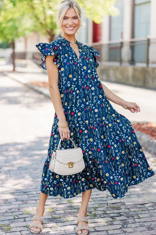 Massive Deals Just For Today Navy Blue Floral Midi Dress