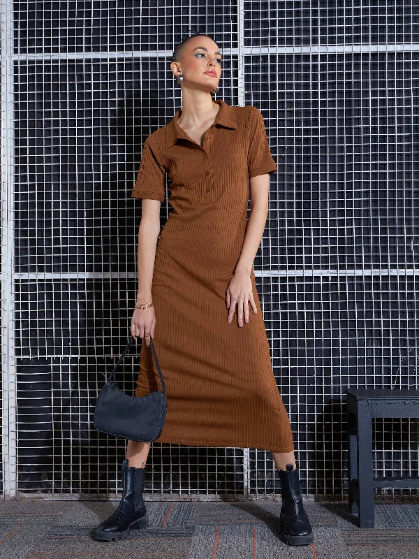 Referral Discount Women Brown Rib Polo Neck Bodycon Midi Dress