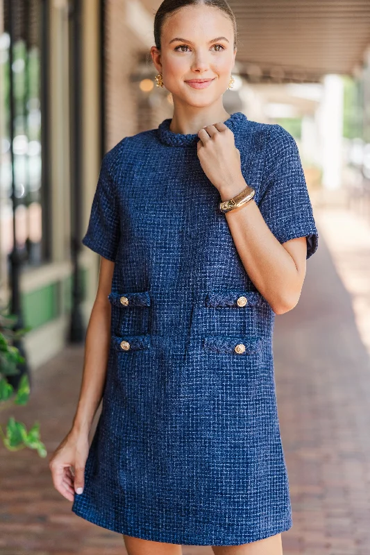 Savings Alert Ask You Out Navy Blue Tweed Shift Dress