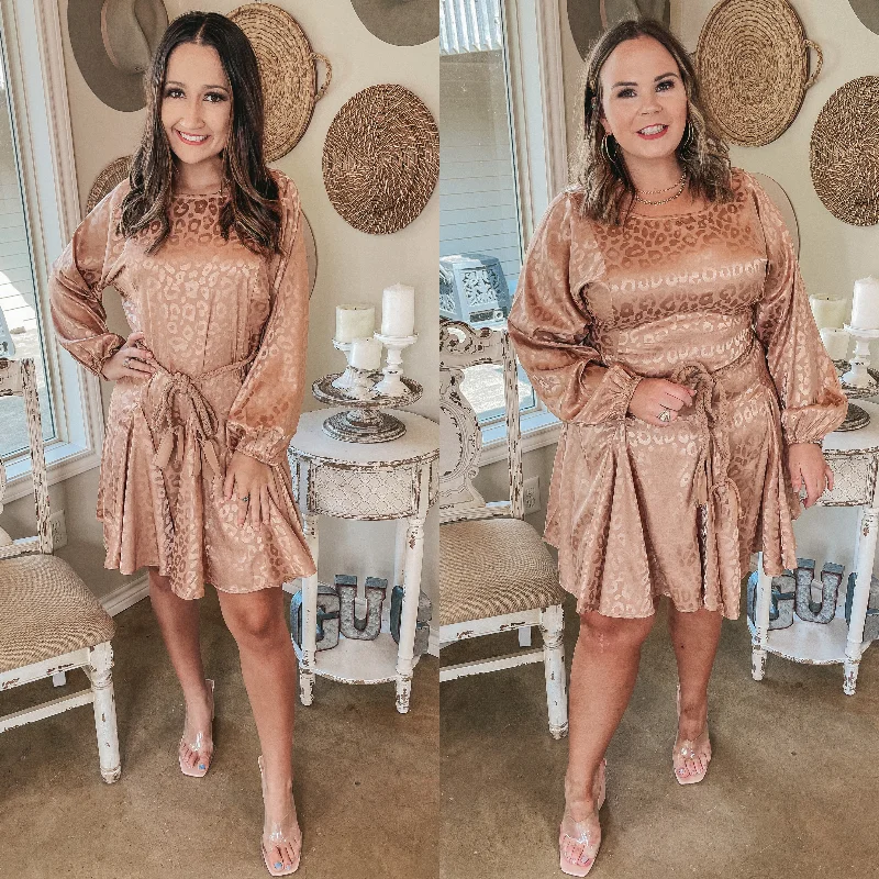 Price Slash Dream Worthy Leopard Long Sleeve Satin Dress with Braided Belt in Copper