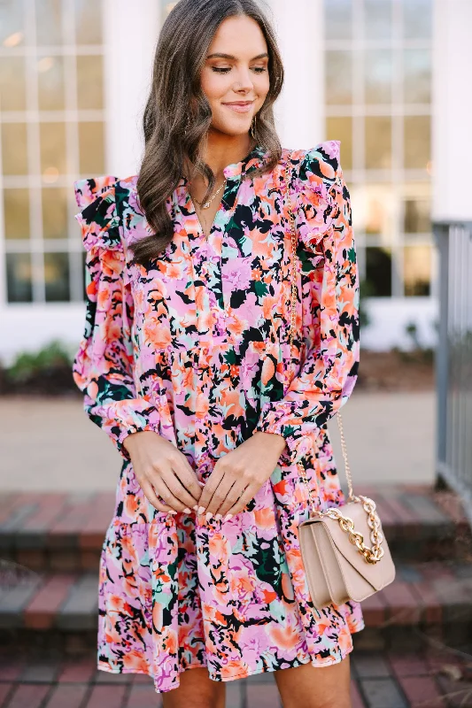 Friends and Family Sale At This Time Fuchsia Pink Floral L/S Dress