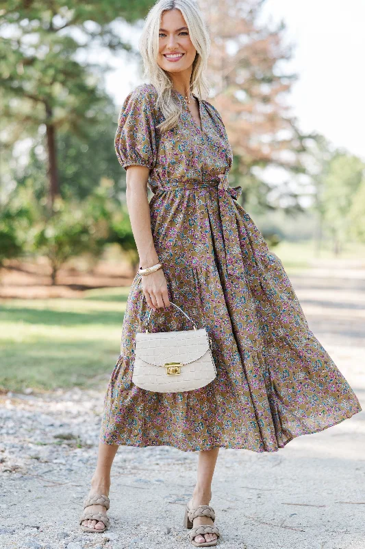 Weekend Deal Pinch: I Knew You Well Camel Brown Floral Midi Dress