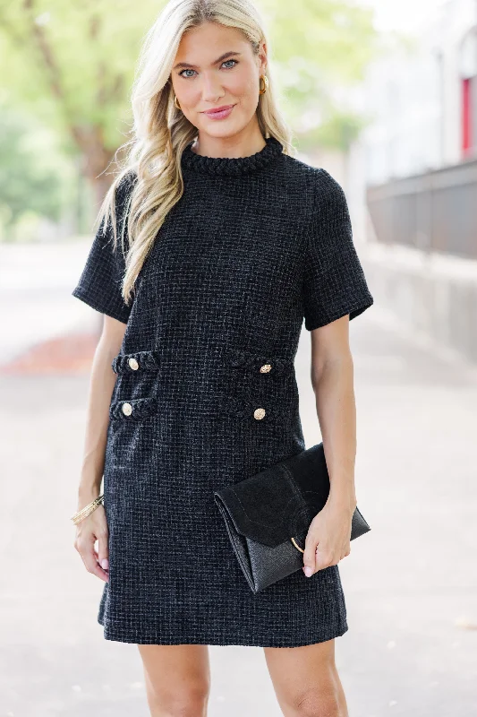 Can't Be Beat Ask You Out Black Tweed Shift Dress