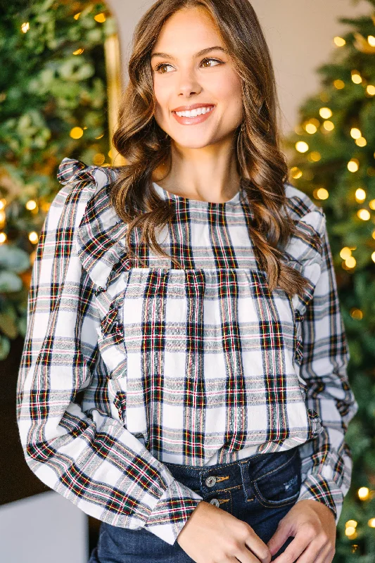 Bonus Savings Such A Gift White Plaid Ruffled Blouse