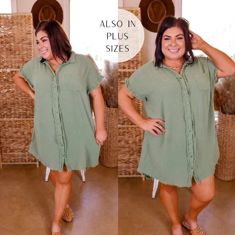 Closeout Sale Spring Glow Button Up Raw Hem Dress in Sage Green