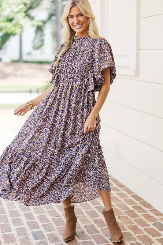Price Rollback All The Good Plum Ditsy Floral Ruffled Midi Dress
