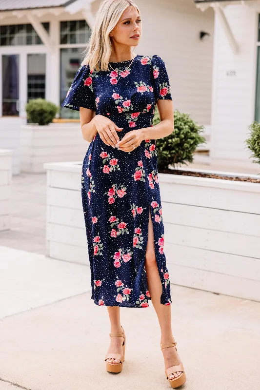 Discount Deals Here We Go Navy Blue Mixed Print Midi Dress