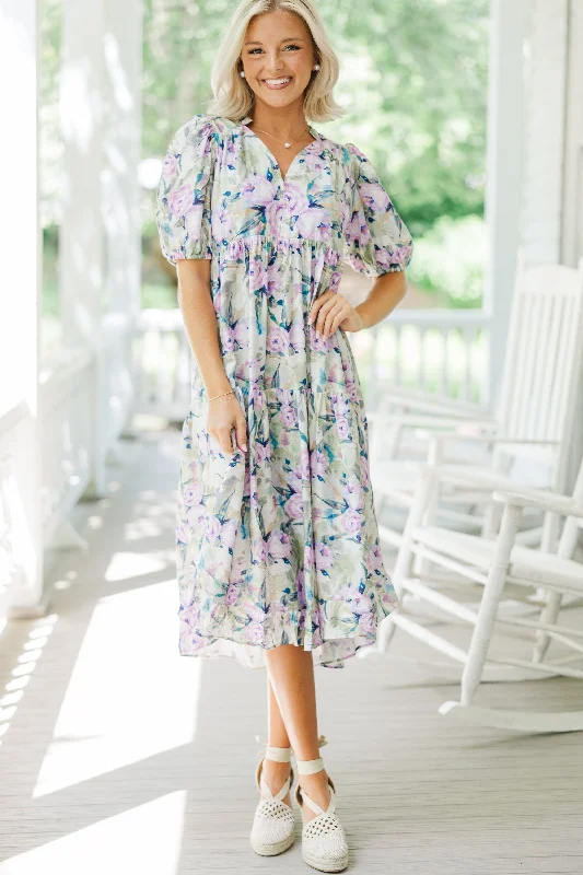 Super Sale Better Than Ever Lilac Purple Floral Midi Dress