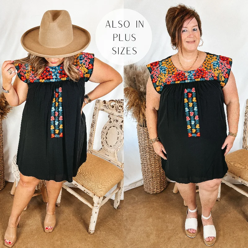 Best Seller Headed For Happy Floral Embroidered Cap Sleeve Dress in Black