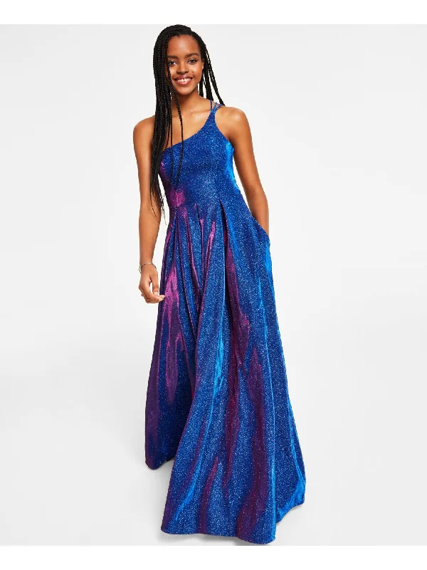 New Deals B DARLIN Womens Blue Pleated Zippered Open Strappy Back Lined Spaghetti Strap Asymmetrical Neckline Full-Length Formal Gown Dress New Deals B DARLIN Womens Blue Pleated Zippered Open Strappy Back Lined Spaghetti Strap Asymmetrical Neckline Full-Length Formal Gown Dress