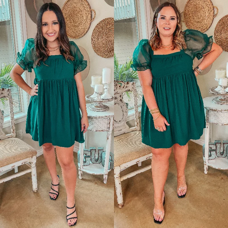 Quick Sale Seasonal Spice Puff Sleeve Babydoll Dress in Emerald Green