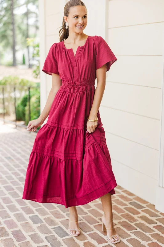 Special Discount It's In The Air Burgundy Red Tiered Midi Dress