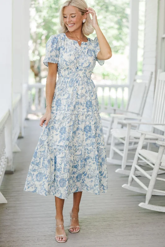 Deal Dash It's In The Air Blue Toile Tiered Midi Dress