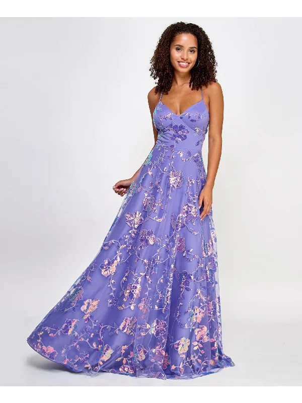 Price Reduction SAY YES TO THE PROM Womens Purple Sequined Zippered Lace Up Back Mesh Overlay Lined Spaghetti Strap V Neck Full-Length Formal Fit + Flare Dress Price Reduction SAY YES TO THE PROM Womens Purple Sequined Zippered Lace Up Back Mesh Overlay Lined Spaghetti Strap V Neck Full-Length Formal Fit + Flare Dress