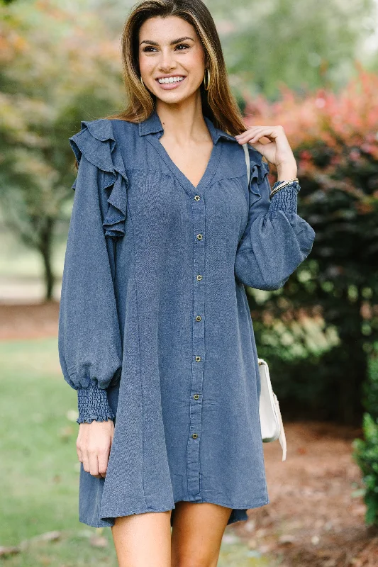 Seasonal Sale Feeling In Love Navy Blue Ruffled Dress