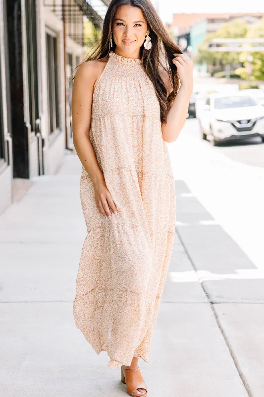 Seasonal Sale On The List Taupe Brown Ditsy Floral Midi Dress
