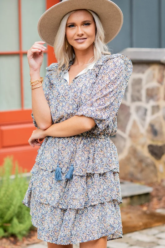 Get It Before It’s Gone It's All You Dusty Blue Ditsy Floral Dress