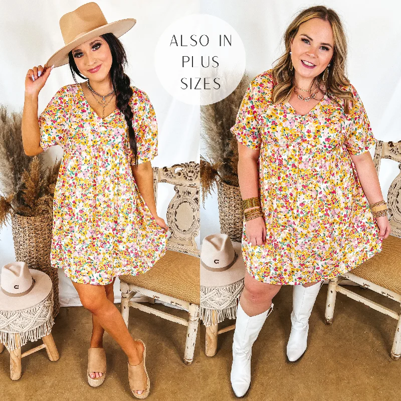 Can't Be Beat Last Chance Size 2XL | Fresh Blossoms Floral Babydoll Dress with V Neck in Yellow and Pink