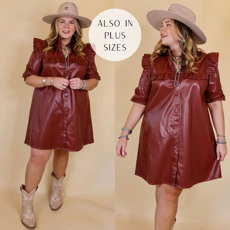 Steals and Deals Beyond The City Button Up Faux Leather Dress with Ruffle Detailing in Brown