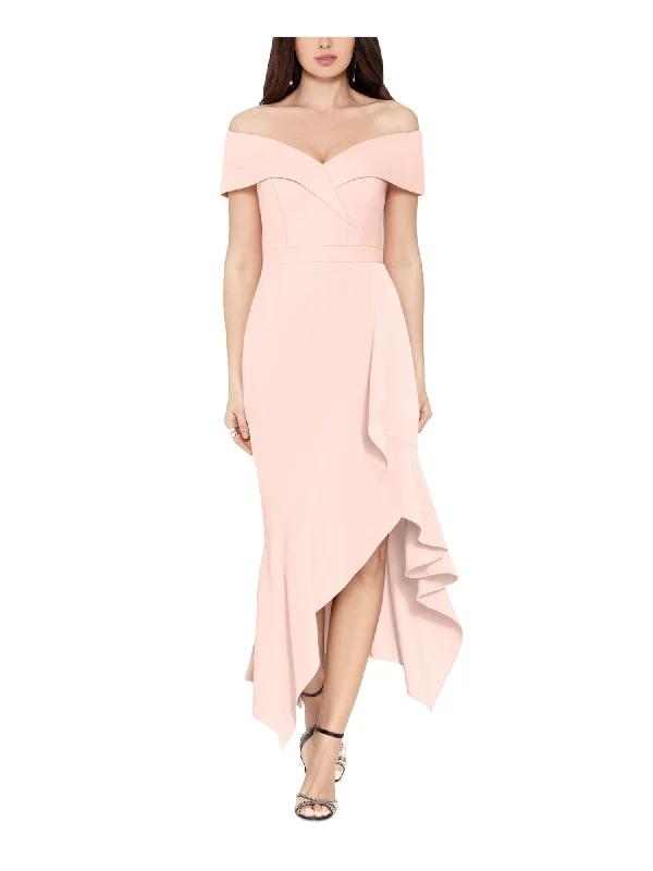 Special Offer XSCAPE Womens Pink Zippered Ruffled Hi-lo Hem Lined Short Sleeve Off Shoulder Maxi Formal Fit + Flare Dress Special Offer XSCAPE Womens Pink Zippered Ruffled Hi-lo Hem Lined Short Sleeve Off Shoulder Maxi Formal Fit + Flare Dress