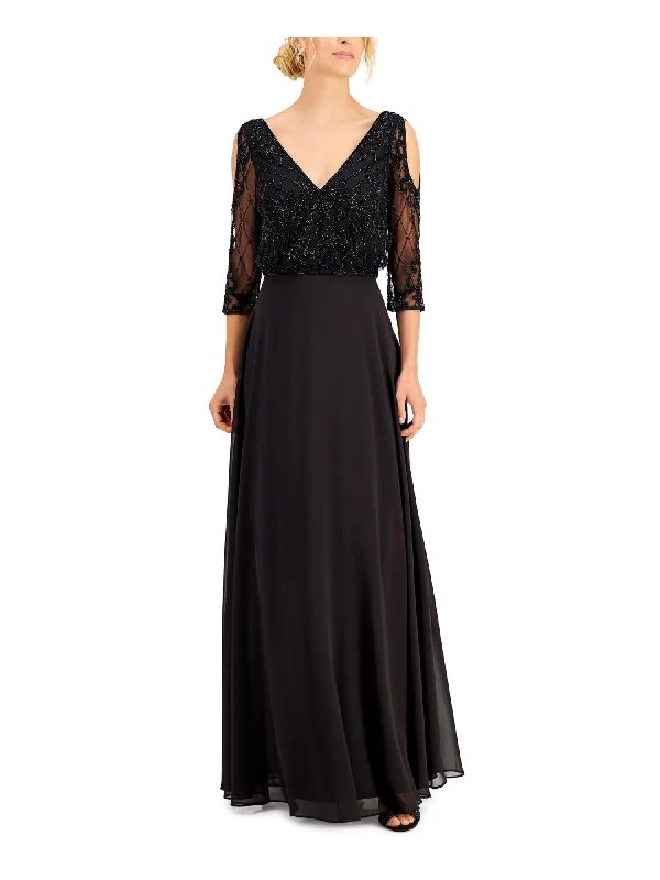 New Deals JKARA Womens Beaded 3/4 Sleeve V Neck Full-Length Evening Gown Dress