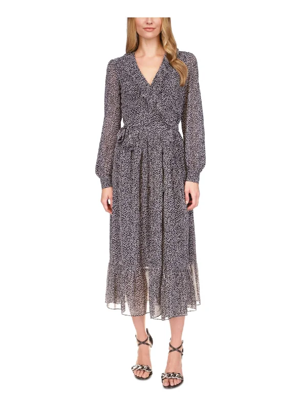 Special Price MICHAEL MICHAEL KORS Womens Black Lined Sheer Tie Ruffled Animal Print Long Sleeve Surplice Neckline Tea-Length Wrap Dress Special Price MICHAEL MICHAEL KORS Womens Black Lined Sheer Tie Ruffled Animal Print Long Sleeve Surplice Neckline Tea-Length Wrap Dress