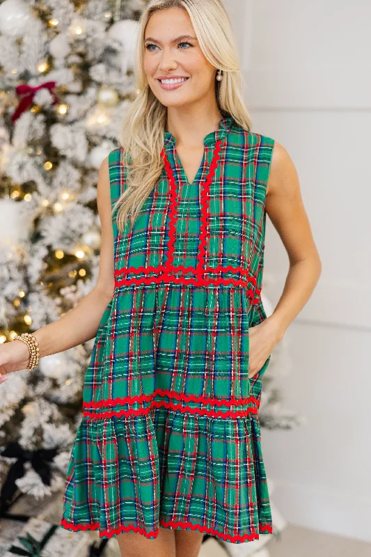 Can't Miss Passing Time Green Plaid Dress