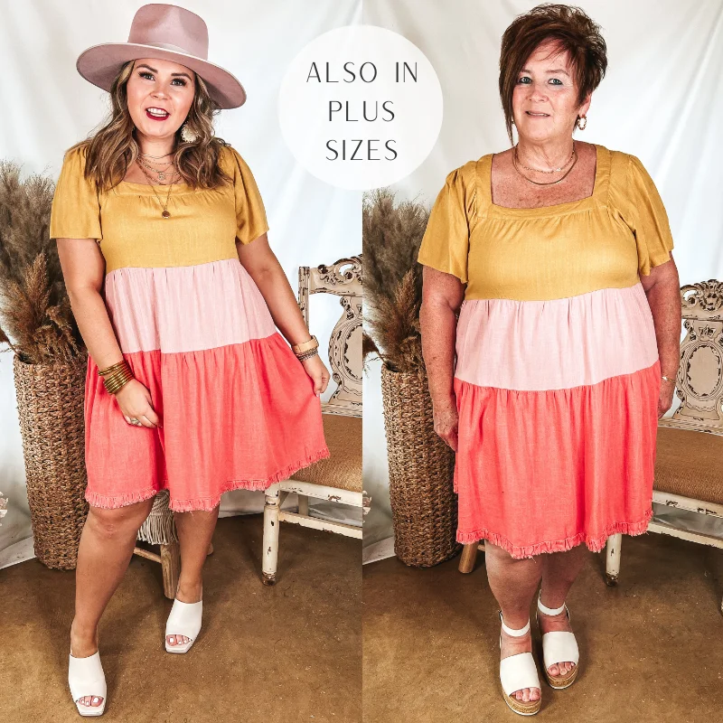 Savings Spectacular Promised Love Square Neck Color Block Dress in Mustard Yellow and Pink